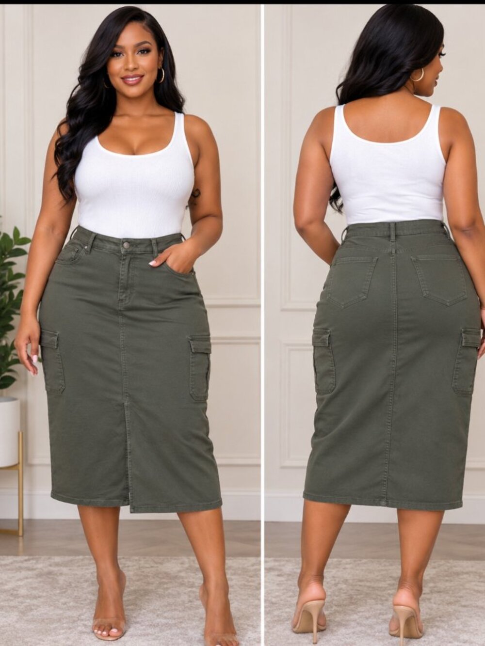 Falls Greek Women's Olive Green Cargo Pencil Skirt Size 18- Utility Midi Skirt.
